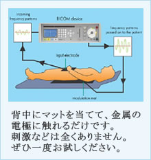 背中にマットを当てて、金属の電極に触れるだけです。刺激などは全くありません。ぜひ一度お試しください。